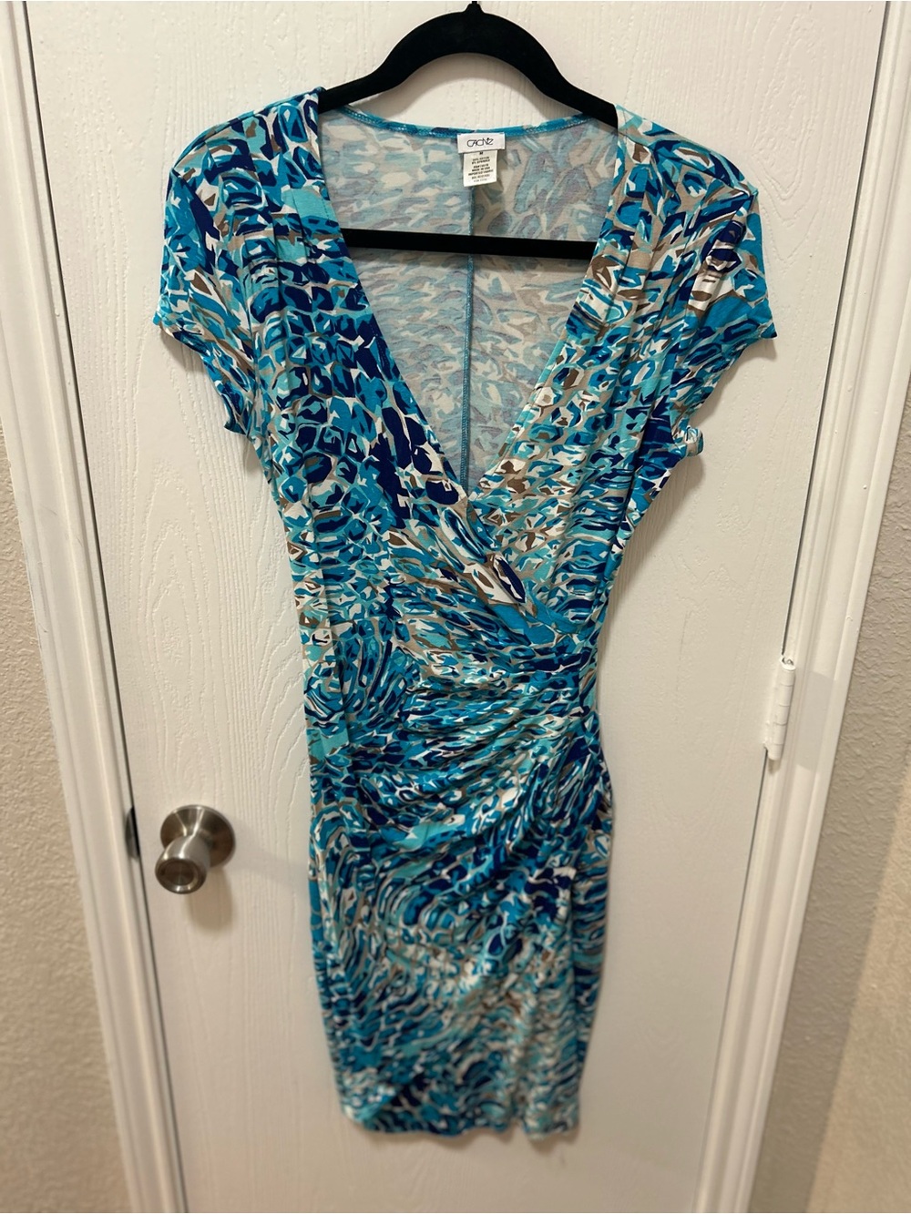 Cache Blue Abstract Animal Print Faux Wrap Ruched V-Neck Dress Size Medium